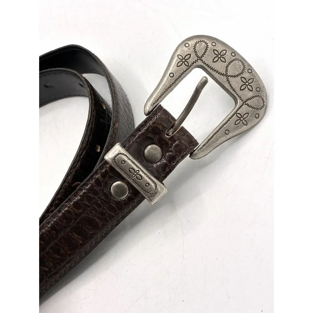 Vintage Brown Croc Embossed Belt Size 14 Ornate Silver Tone Western Buckle